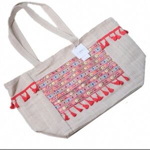 BNWT New Look Embroidery Linen Cotton Blend Summer Beach Tote